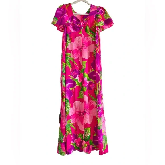 Vtg 60's Pink Magenta Floral Barkcloth Empire Waist Muumuu Dress Tie Back - XS - Picture 5 of 9